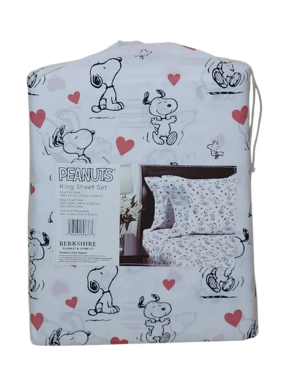 Peanuts King Sheet Set By Berkshire Snoopy & Hearts Pattern Valentines Day